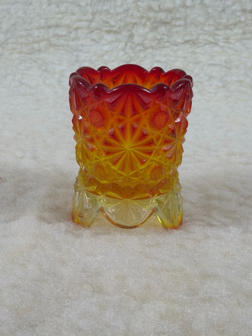 Vintage-Style Amberina Red and Yellow Pressed Glass Toothpick Holder